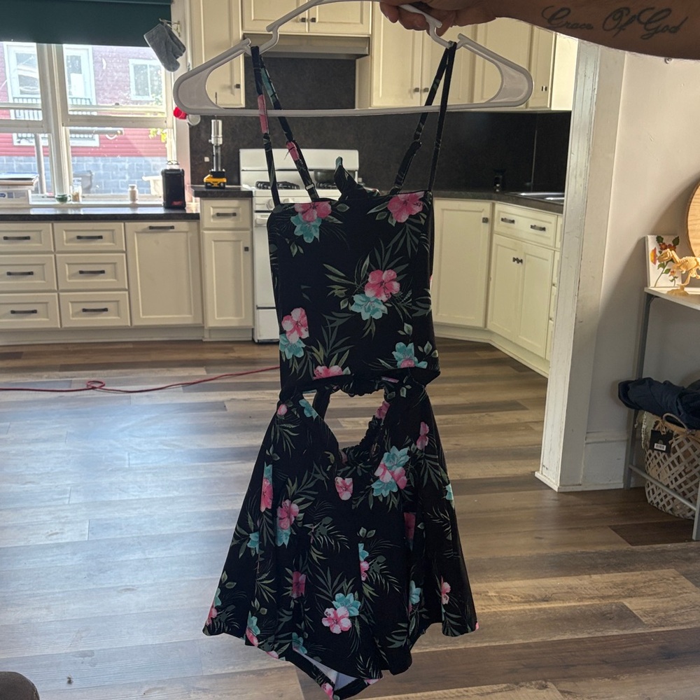 Floral Black romper with Pink and Green Accents